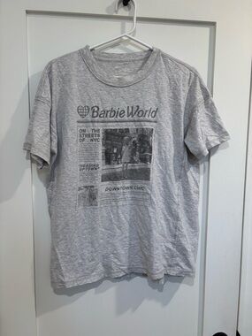 Aerie Oversized Barbie Light Heather Gray Graphic Tee with Black Print